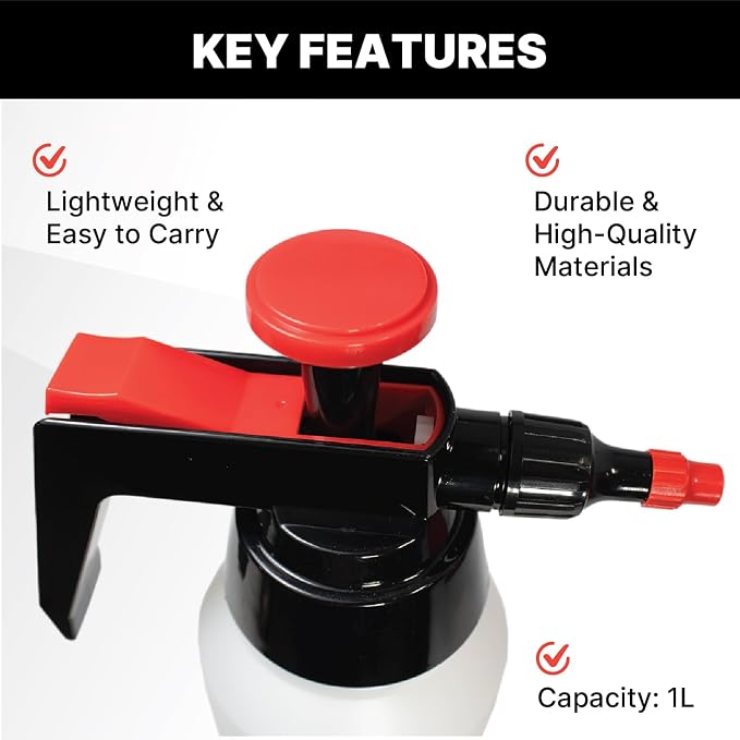KOTA 1 L Adjustable Hand Pump Pressure Sprayer, Heavy-Duty Multipurpose Bottle for Automotive Solvents, Surface Prep & Car Detailing, Chemical-Resistant PE Construction, Adjustable Spray Pattern 6990
