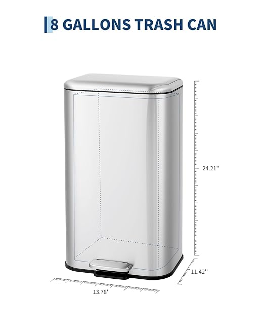 IDEALHOUSE 8 Gallon / 30L Stainless Steel Step Trash Can - Hands-Free Waste Bin with Soft-Close Lid, Removable Inner Bucket, Rectangular Design for Kitchen, Home, Office & Bathroom, Stainless Steel