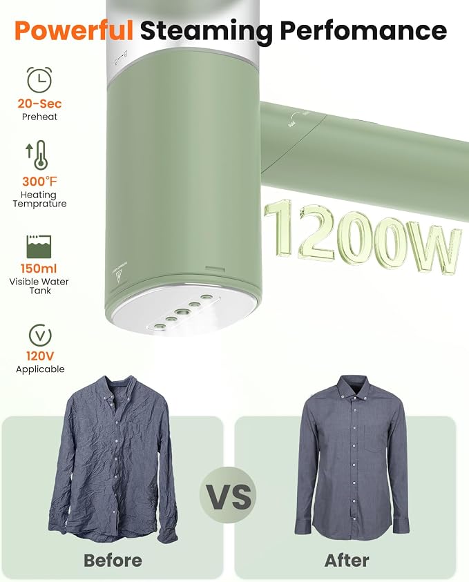 Handheld Steamer for Clothes, 1200W Foldable Travel Steamer, 20 Sec Preheat Garments Wrinkle Remover, 120V Portable Hand Iron with 150ml Water Tank, Clothes Steamer for Home Travel Green