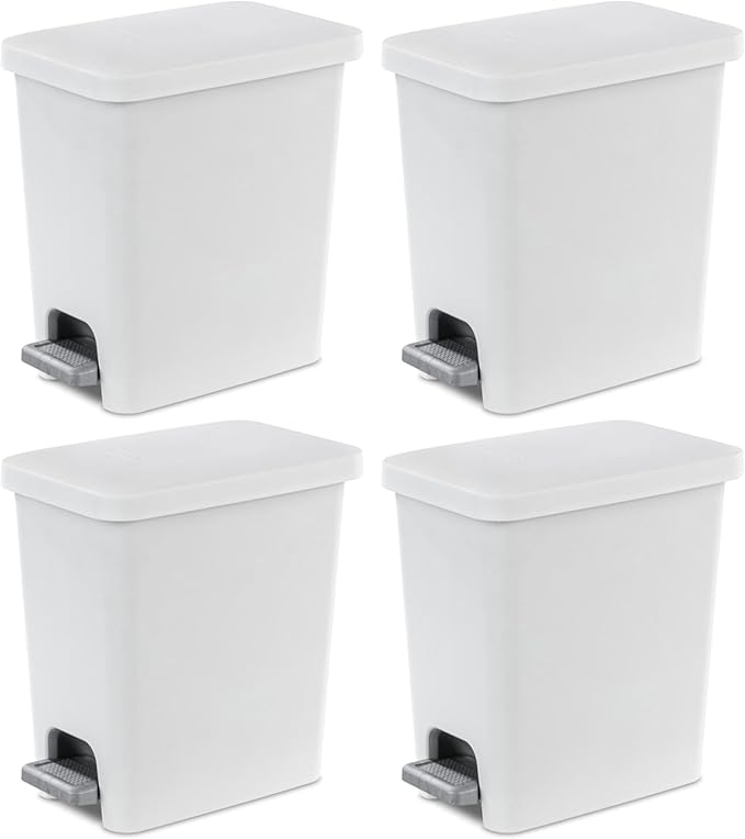 Sterilite 2.7 Gallon Rectangular Step On Kitchen Trash Bin Plastic Indoor Wastebasket with Removable Liner and Bag Holding Feature, White (4 Pack)