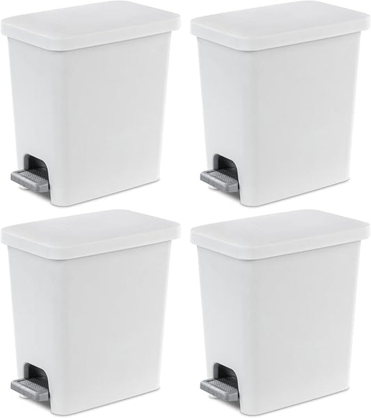 Sterilite 2.7 Gallon Rectangular Step On Kitchen Trash Bin Plastic Indoor Wastebasket with Removable Liner and Bag Holding Feature, White (4 Pack)