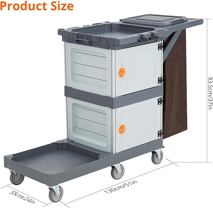 Commercial Janitorial Cart with 2 Cabinet, Cleaning Cart On Wheels, Housekeeping Caddy with Cover, Shelves, and Vinyl Bag, Hotel Housekeeping Room Hand Push Utility Service Cart