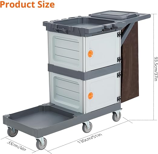 Janitorial Cart with 2 Cabinet, Commercial Traditional Janitorial 3-Shelf Cleaning Cart On Wheels with Cover and Vinyl Bag, for Housekeeping Hotels Apartment