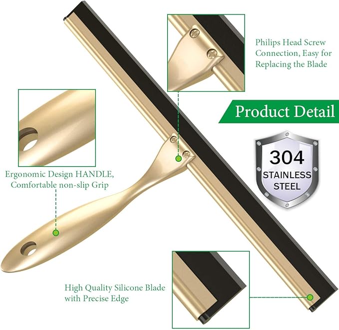 Stainless Steel Squeegee for Shower Doors, All-Purpose Shower Squeegee for Bathroom, Window and Car Glass, 14 Inches