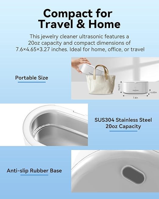 JeaTone Ultrasonic Jewelry Cleaner, 46KHz Professional Ultrasonic Cleaning Machine for Rings, Eyeglasses, Retainers, Dentures & Watches, 20oz Stainless Steel Sonic Cleaner Pod (White)