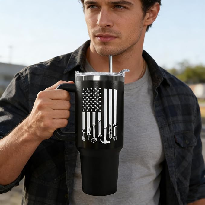 Ceovfoi Mechanic Gifts for Men, 40 oz Mechanic American Flag Stainless Steel Tumbler with Handle Lid and Straw, Mechanic Stuff Supplies Accessories