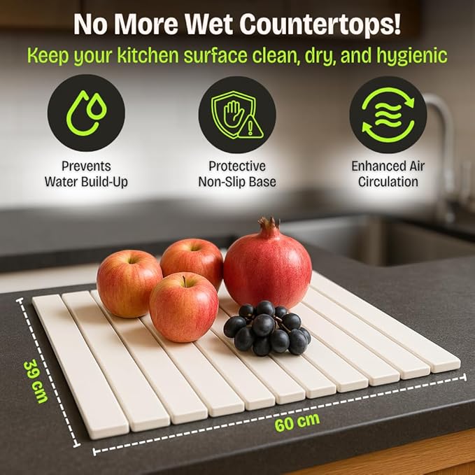 Stone Dish Drying Mat for Kitchen Counter, Large Quick Dry Diatomaceous Earth Stone Drying Mat, Foldable Water Absorbent Dish Drying Mat for Dishes, Cups, Bottles, Kitchen Sink & Countertop (White)