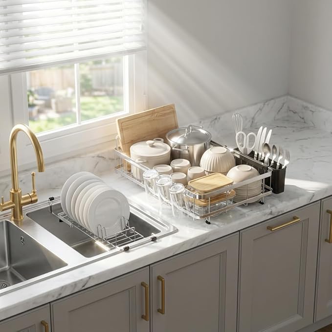 GSlife Large Capacity Expandable Dish Drying Rack with Absorbent Mat, 2-Piece Stainless Steel Dish Drainer Set for Counter with Removable Over Sink Rack, Family Size 15" W x 16.5"-21.5" L, Silver