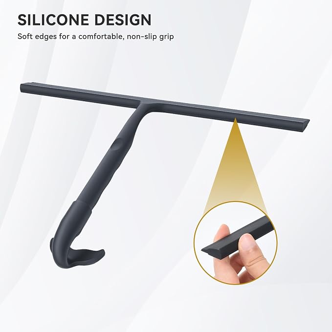OTraki Black Silicone Shower Squeegee for Glass Doors, Bathroom Cleaner Tool Household Windows Mirror Squeegees, 8 Inch Portable Window Cleaning Tool with Fishtail and Metal Hook for Bathroom