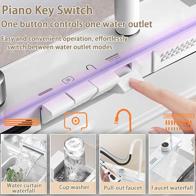 29.5 inch White Smart Digital Display Waterfall Sink, 304 Stainless Steel Modern Kitchen Sink with 5 Water Outlet Modes, Waterfall Pull-Out Faucet, Cup Washers and Accessory Set