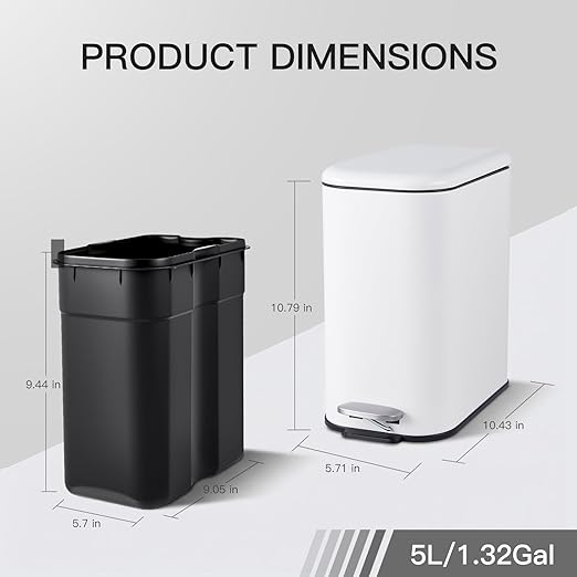 Garvee Bathroom Trash Can with Lid, 1.3 Gallon / 5 Liter Stainless Steel Garbage Can with Removable Liner Bucket, Small Step Wastebasket with Slim Design for Toilet Bedroom Office, White