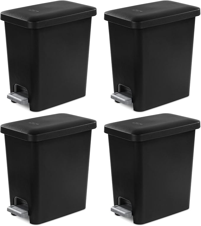 Sterilite 2.7 Gallon Rectangular Step On Kitchen Trash Bin Plastic Indoor Wastebasket with Removable Liner and Bag Holding Feature, Black (4 Pack)