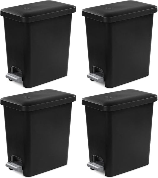 Sterilite 2.7 Gallon Rectangular Step On Kitchen Trash Bin Plastic Indoor Wastebasket with Removable Liner and Bag Holding Feature, Black (4 Pack)