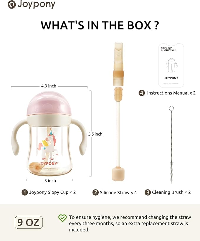 Joypony Sippy Cups for Toddlers 1-3, Spill Proof Weighted Straw Cup with Handle for Baby 6 Months + old, 2 Pack, Total 4 Silicone Straws, PPSU, BPA Free, 9 oz (Pink)