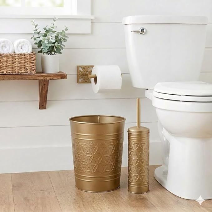 Autumn Alley Farmhouse Antique Gold Bathroom Accessories Set – Includes Gold Bathroom Trash Can & Toilet Brush with Holder, Handcrafted Modern Waste Bin & Standing Toilet Brush, Embossed Metal Décor