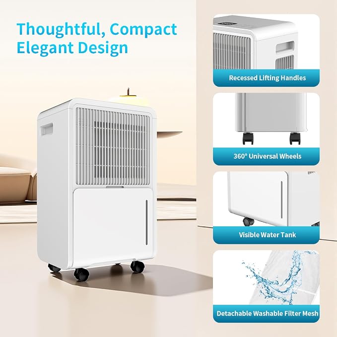 Dehumidifier for Home Basement, 17 Pints Dehumidifiers with Drain Hose for 550 Sq. Ft Bedroom Bathroom Small Room RV, 3 Working Modes, Smart Humidity Control, 24H Timer, Auto Defrost