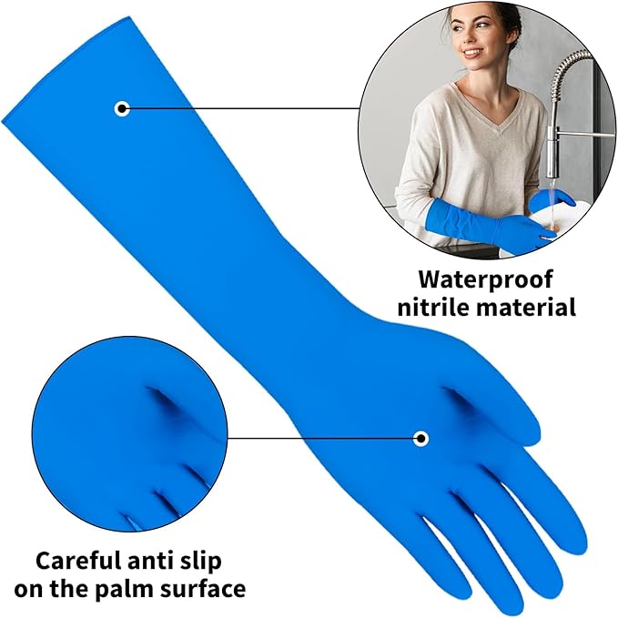 16 inch Nitrile Disposable Gloves Long Sleeved Blue 6Mil Durable Waterproof Latex Free Cleaning Dishwashing 50PCS