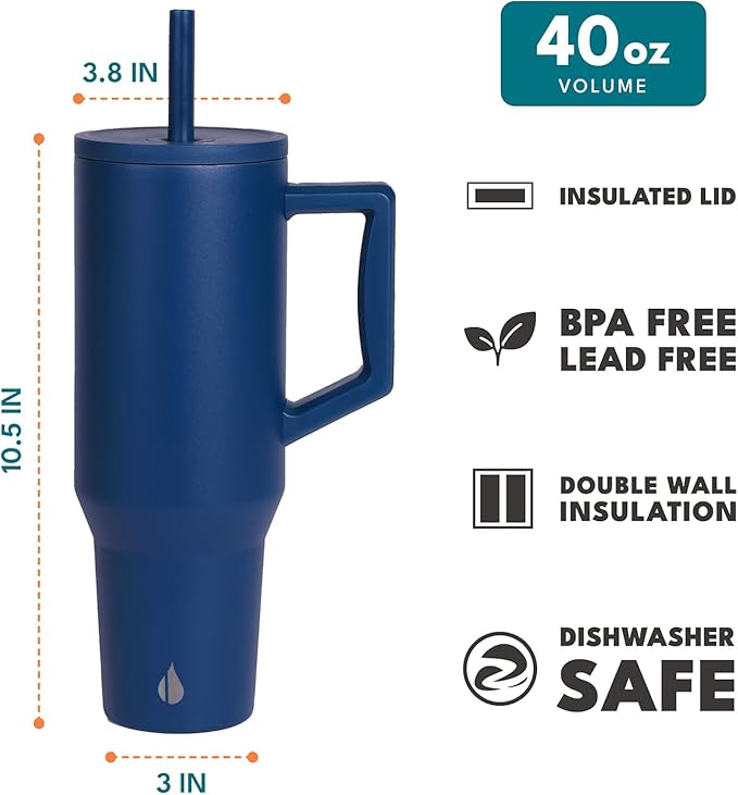 Elemental 40 oz Tumbler with Handle and Straw - Spill Proof Insulated Stainless Steel Commuter for Cold Beverages - Travel Coffee Mug with 2 Straws & Spill Proof Lid - 40oz - Navy Blue