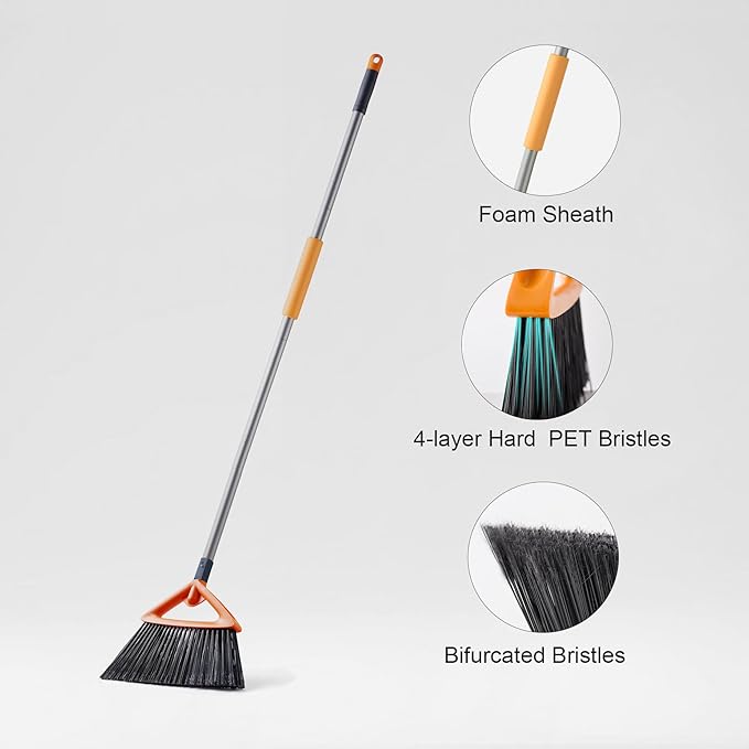 CLEANHOME Heavy Duty Broom with Dustpan Combo Set Indoor and Outdoor Dual Purpose,Stiff Bristle Commercial Angle Broom and Standing Dust Pans with Long Handle for Sweeping Home,Kitchen,Yard,Grey