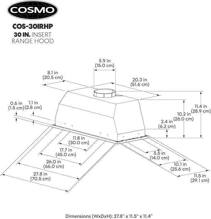 COSMO COS-30IRHP 30 in. Lumin Collection 380 CFM Ducted Insert Range Hood, Button Controls, LED Lights, Stainless Steel