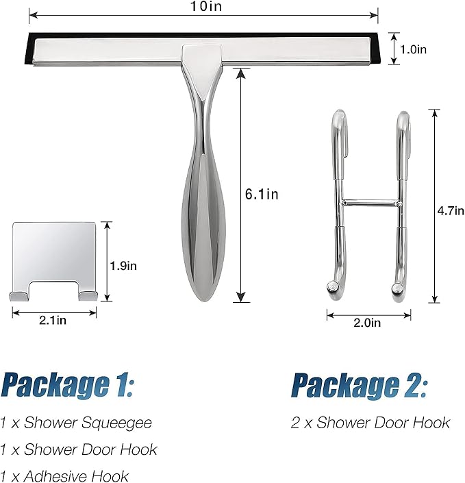 Simtive 10-Inch Shower Squeegee (Includes 1 Shower Door Hook and 1 Adhesive Hook), Shower Door Hooks (2-Pack), Both Silver, 2 Item Bundle