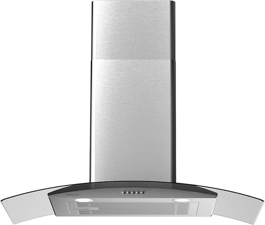 30 Inch Wall Mounted Curved Glass Range Hood with 450 CFM,Stainless Steel kitchen Ductless/Ducted Convertible with 3 Speed Controls,Permanent Baffle Filters and 2 LED Lights