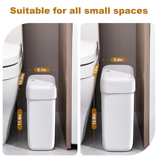 JOYBOS 2 Pack Bathroom Trash Can with Lid, 3 Gal/12 L & 2.7 Gal/10L Garbage Can with Pop-Up Lid,Small Spaces Plastic Trash Can, Slim Trash Bin Waste Basket for Bathroom,Rv, Office, White
