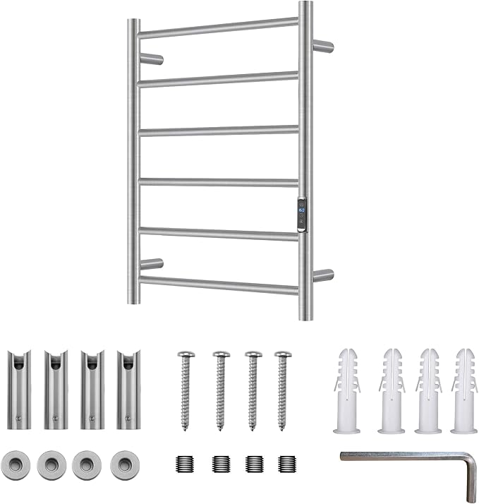 Heated Towel Racks for Bathroom, Wall Mounted Electric Towel Warmer Racks with Timer & Temperature Control, 6 Bar Stainless Steel Towel Heater for Bathroom, Brushed Silver, Plug-in