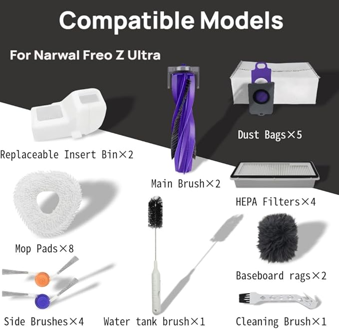 Replacement Accessories Compatible with Narwal Freo Z Ultra Robot Vacuum Cleaner, 2 Main Brush 4 Filter 5 Dust Bags, 8 Mop Pads 4 Side Brushes 2 Baseboard Rag 2 Cleaning Brush 2 Replaceable Insert Bin