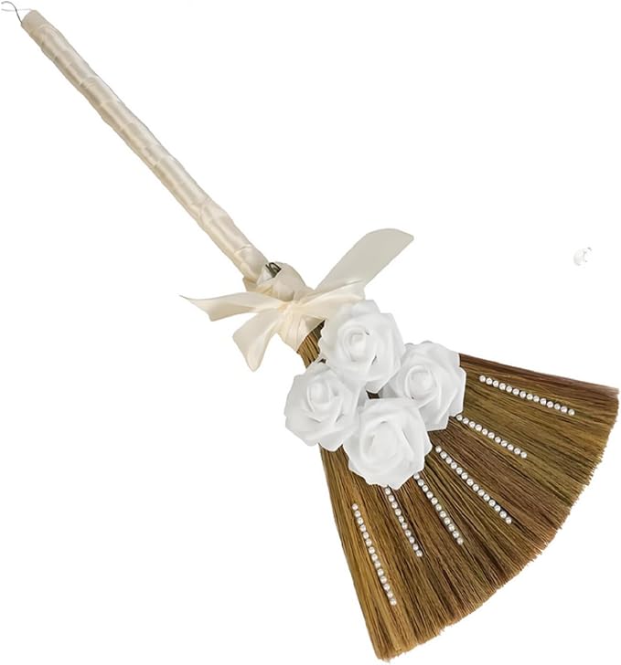 DIY Wedding Jump Broom Kit, 34" African American Jumping the Broom Ceremony Decor, Traditional Ceremonial Straw Broom with 4 White Artificial Flowers, Satin Ribbon & Pearl Stickers