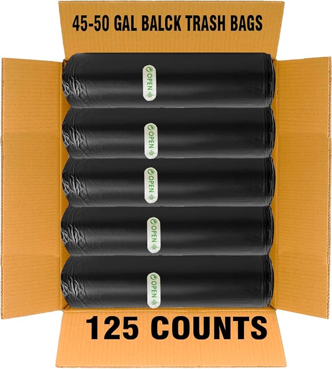 BEIDOU-PAC 40-45 Gallon Lawn & Leaf Trash Bags, 125 Count Bulk, Black Garbage bags, Multi-purpose Trash Can Bin Liners for Home Commercial, Outdoor, Construction, Industrial