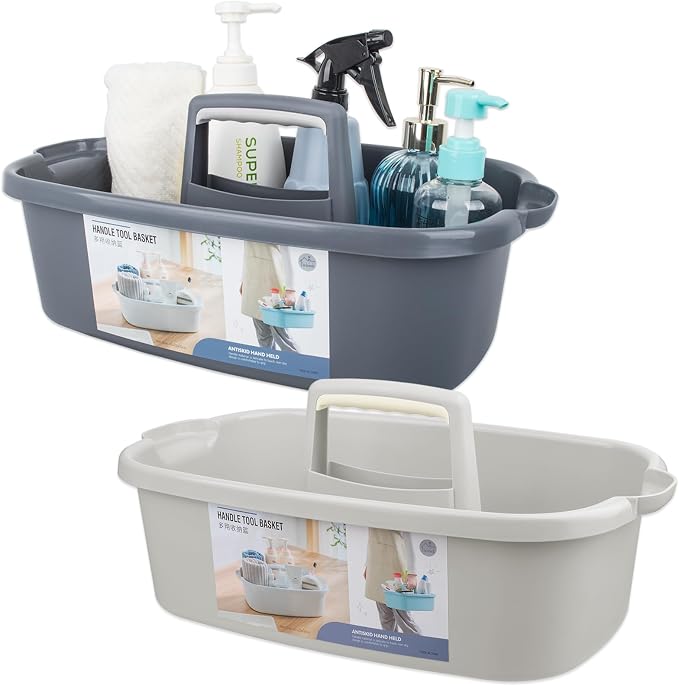 JiatuA Large Plastic Basket Portable Shower Caddy Tote Organizer Basket with Handle for Bathroom, Bedroom, Kitchen, College Dorm, Garden, Garage, Tool, Cleaning Supplies, Dark Gray & Light Grey
