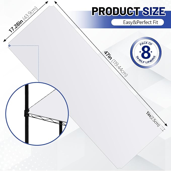 Sliner 8 Pack 18 x 48 Inch Wire Shelf Liner White Plastic Waterproof Liners for Organizing Metal Rack Shelves, Kitchen Cabinets, Cupboard, Pantry