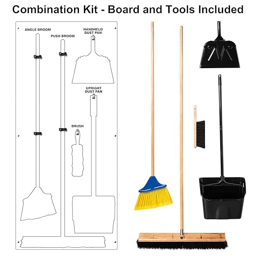 Clean & Sweep 5S Shadow Board/Wall Mount Broom Holder, 68" x 30" Board, 5S Cleaning Station - with Broom and Dustpan Set Included, Made in The USA by AccuformNMC, White/White, PSB116WTWT