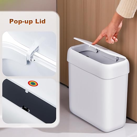funest 2 Pack Bathroom Trash Can with Pop-Up Lid,3 Gallon & 2.7 Gallon Small Spaces Plastic Garbage Can,Slim Wastebasket for Bathroom, RV, Office, White