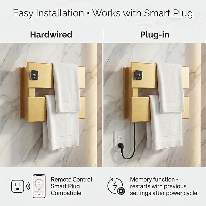 L Series Electric Towel Warmer for Bathroom, 2 Panel, Gold | Thermo Control and Timer, Fast Heat in 3 Mins, Dry Towels in 4 hrs, Memory Function, Work with Smart Plug, Left-Wiring