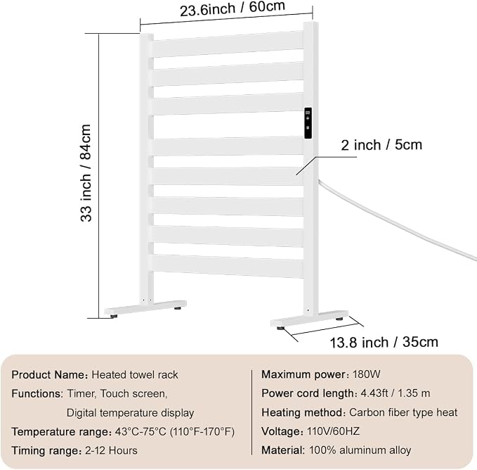 Verida Towel Warmer for Bathroom, Freestanding Heated Towel Rack with Extra-Wide 8-Bar Heating, Built-in Timer & 3-Level Temperature Control, Large White Floor Standing Rack