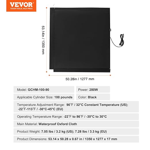 VEVOR Insulated Band Style Gas Cylinder Warmer, Fits 100 Lbs Gas Tank 280W Propane Heater, Fix Internal Thermostat Max Temp 90℉, Durable Waterproof Oxford Fabric, Tested to UL 499 Standard, FCC Listed