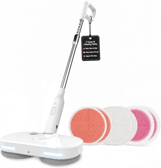 Buways Cordless Electric Mop, Self-Propelled Electric Spin Mop, Gravity Assist Pressure, 8000mAh Battery, LED Light & Water Spray, for Hardwood, Tile & Laminate Floors