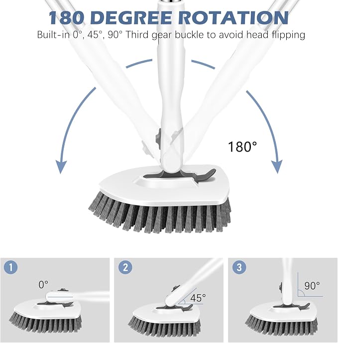 SetSail 4-in-1 Tile Tub Floor Scrubber with 52-inch Adjustable Long Handle Shower Cleaner Brush Comes with Floor Scrub Brush and 3 Replacement Brush Heads for Cleaning Bathroom Tub Tile, White Grey