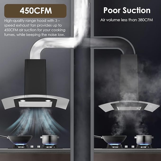 30 Inch Black Range Hood Wall Mounted Curved Glass Range Hoods with 450 CFM, Stainless Steel kitchen Ductless/Ducted Convertible with 3 Speed Controls, Permanent Baffle Filters and 2 LED Lights