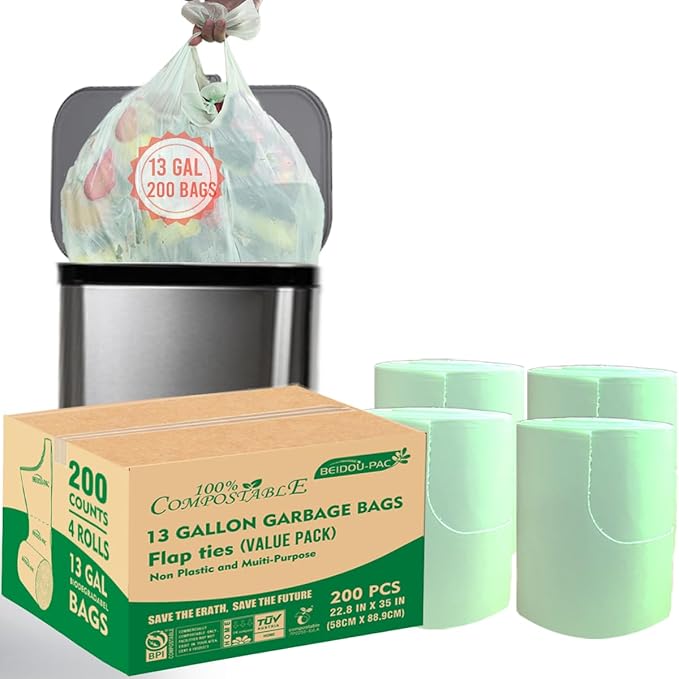BEIDOU-PAC 13 Gallon Flap Tie Compostable Trash Bags, 200 Count, Compost Bags Tall Kitchen Trash Bags, Sturdy Biodegradable Garbage Bags Food Scrap Waste Bags, ASTM D6400, US BPI Certified, Green