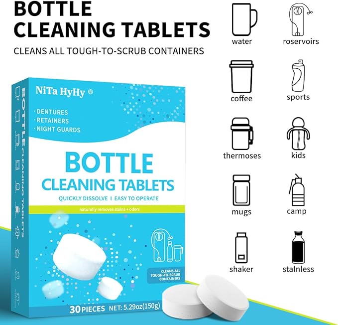 Bottle Brush and Bottle Cleaning Tablets, Long-Lasting, Non-Slip Handle, Durable, Reusable;Thermos Cleaning Tablets,Stainless Steel Cleaner,for Hot Water Bottle,Coffee Pot,Glass,Tumbler,60 pc