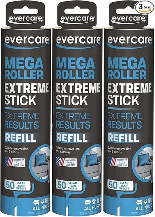 evercare Pet Mega Extreme Surface Coverage 50 Layer Lint Roller Refill for Cleaning Debris Off of Clothes and Furniture, 3 Pack