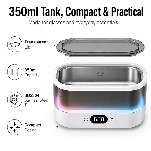 Ultrasonic Cleaner for Jewelry, Glasses & Retainers, 48kHz Sonic Cleaning Machine with 7-Color LED Ambient Light, Digital Timer, Quiet Deep Cleaner for Rings, Dentures & Watches（White）