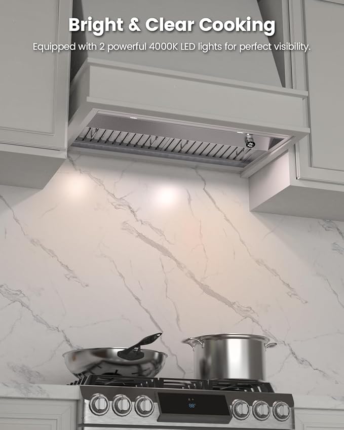JOCO 42 Inch Range Hood Insert, 900 CFM Stainless Steel Built-In Kitchen Vent Hood, Convertible for Ducted or Ductless Installation, 4-Speed Knob Control, Model B02-42K
