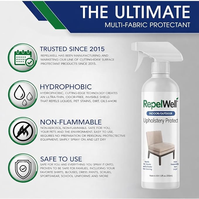 RepelWell Upholstery Protect Stain & Water Repellent Spray (12oz) Eco-Friendly, Pet-Safe Spray Keeps Your Fabric, Leather & Suede Upholstery Looking Like New