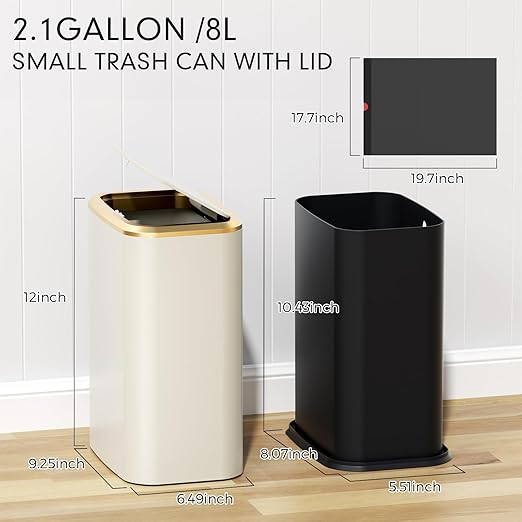 Bathroom Trash Can with Lid, 8L/2.1 Gallon Beige Trash Can Small Garbage Can with Press Top Lid Slim Stainless Steel Garbage Can with 100 Counts Trash Bags for Bathroom Bedroom Kitchen Office Toilet