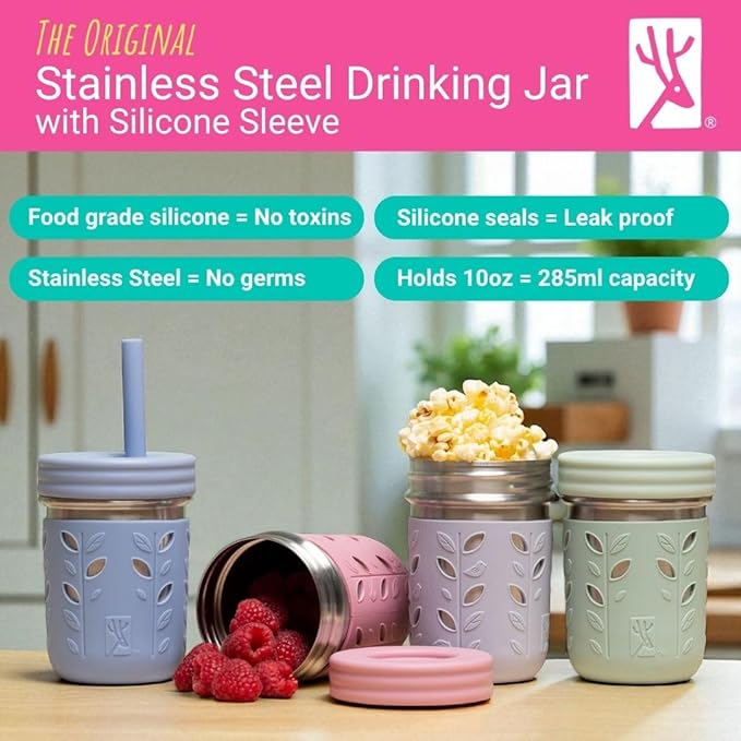 Elk and Friends 10oz Stainless Steel Kids + Toddler Drinking Cups | The Original Mason Jar with Sleeves + Lids | Silicone Straws | Smoothies | Storage Jar | Spill Resistant | Dishwasher Safe | 4 Pack