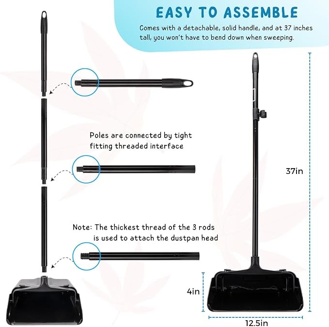 Dustpan with Long Handle, 37’’ Upright Dust Pan, Heavy Duty Standing up Dustpans for Indoor, Outdoor, Home, Office, Commercial, Industrial, Shop